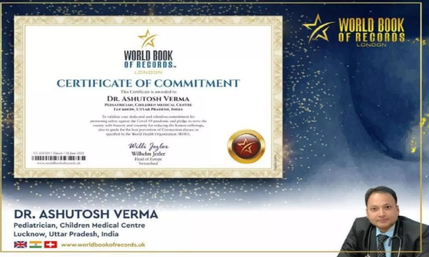 Pediatrician Dr. Ashutosh Verma has been honored by the World Book of Records, London