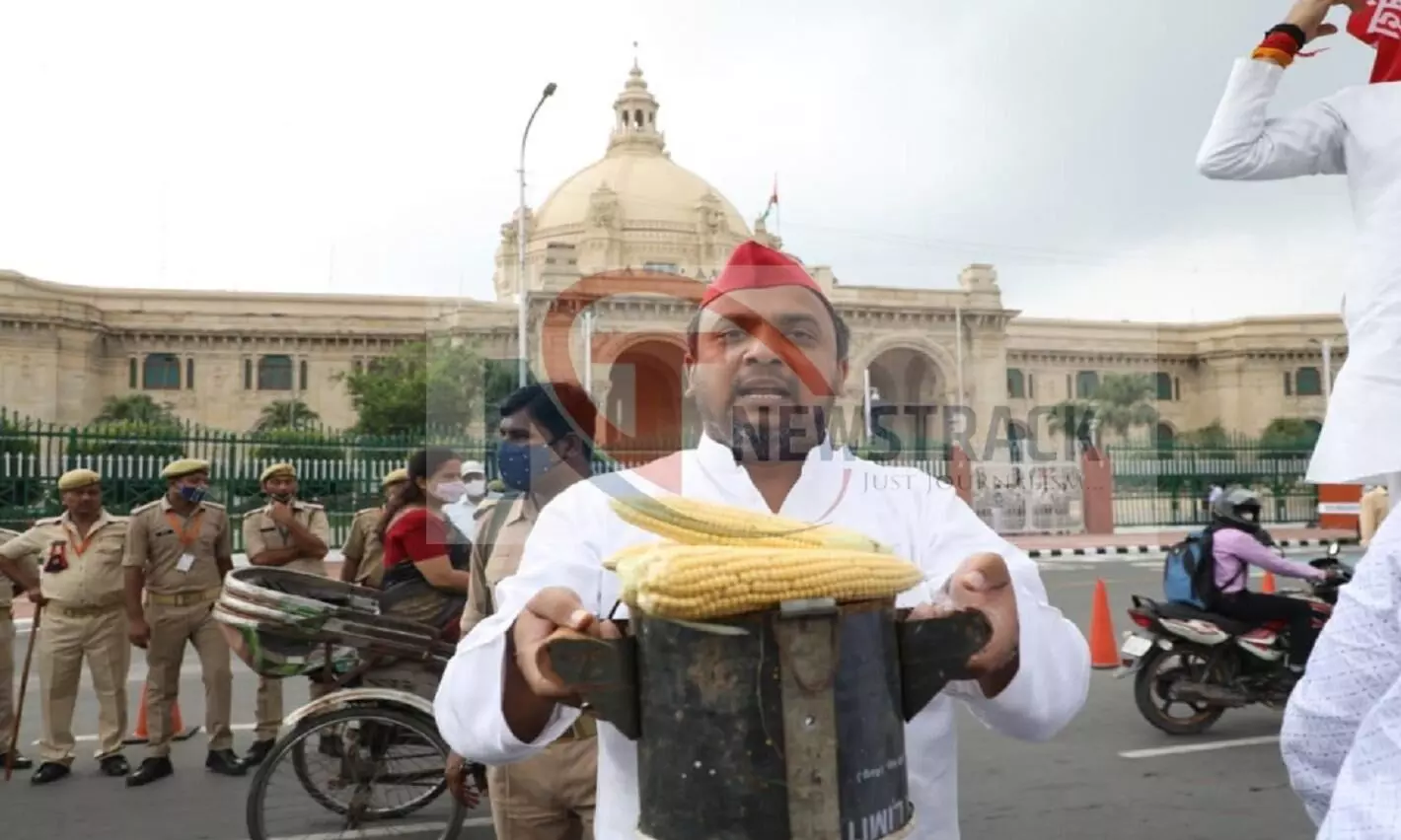 विधायकों ने भुट्टे को दिखाकर किया प्रदर्शन