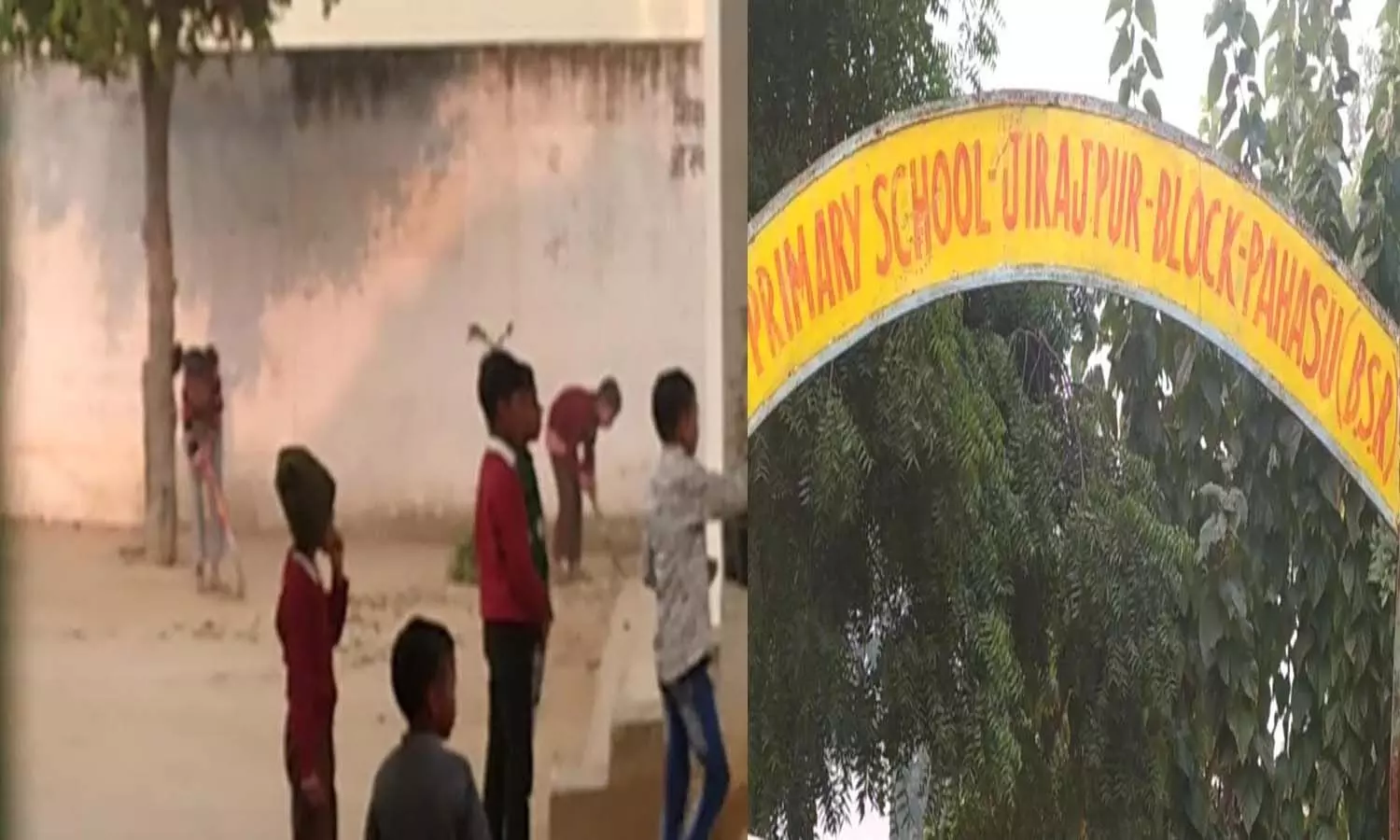 Bulandshahr: Cleanliness being done by the students in primary school Jirajpur