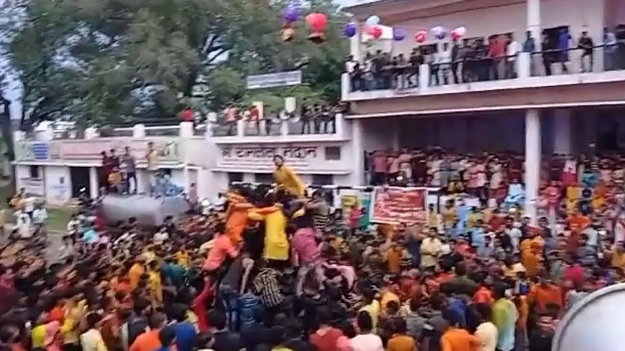 Devotees of Krishna celebrate Dahi Handi Matki breaking ceremony on Shri Krishna Janmotsav