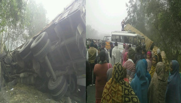 गोरखपुर में हुई बस-ट्रक की टक्कर, एक ही परिवार के 9 लोगों की मौत, कई घायल