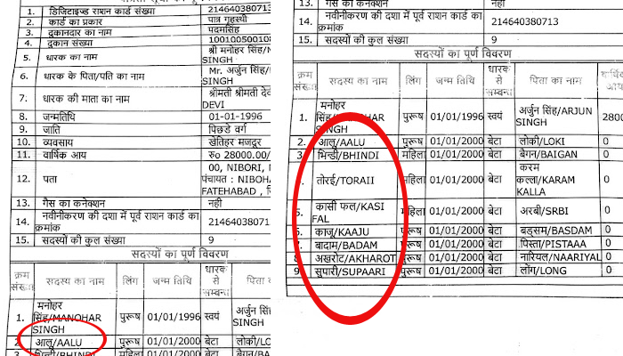 लौकी के पिता आलू ,बैगन की मां भिंडी....फर्जी राशन कार्ड्स में रजिस्टर हैं ऐसे ही कई नाम और रिश्ते