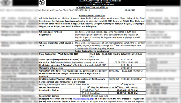 AIIMS: MBBS 2019 सत्र में प्रवेश के लिए इस तारीख से करें आवेदन, ये है पूरी डिटेल्स