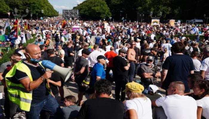 mass protest in germany capital berlin against coronavirus restrictions